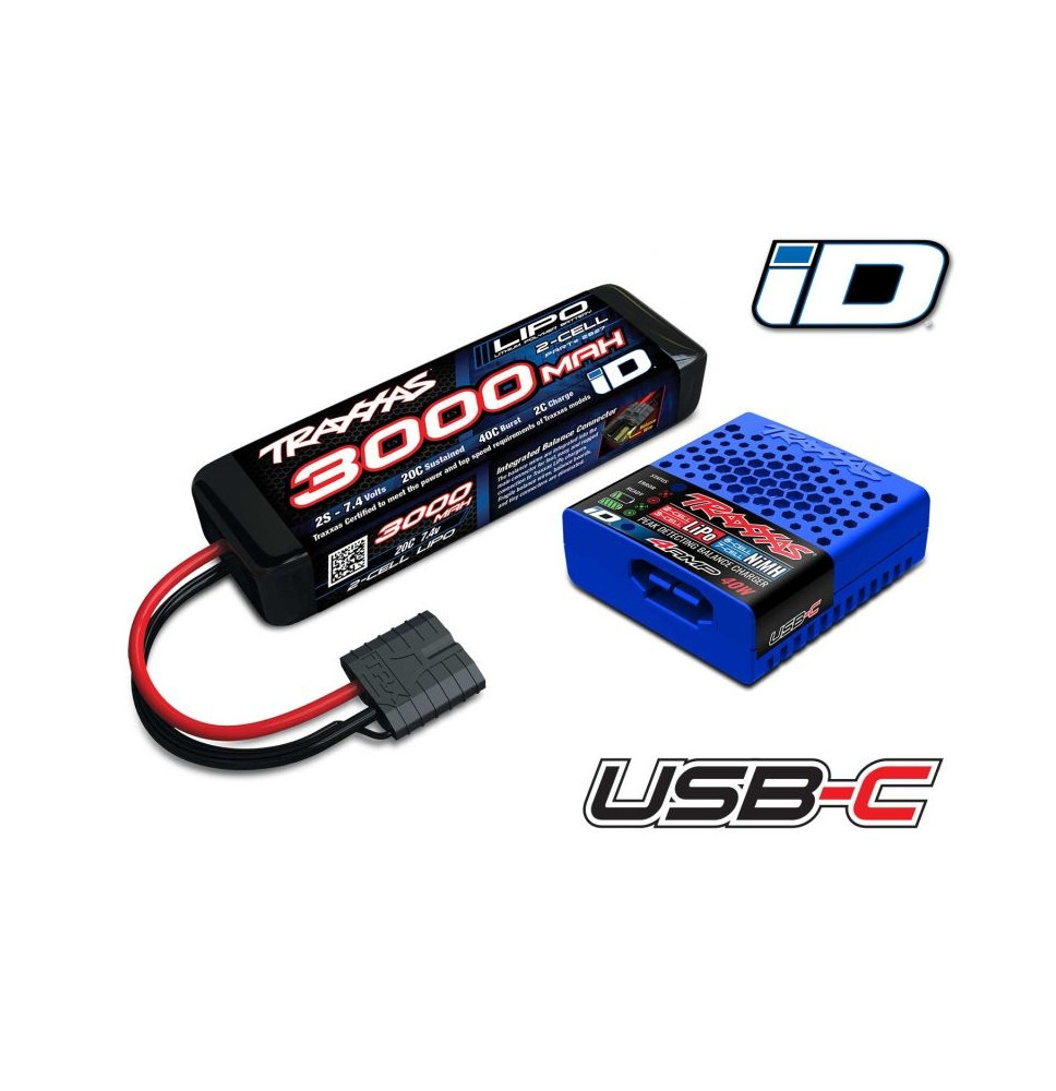 USB-C 4A PUNJAČ + LIPO 3000MAH 2S 7.4V SET TRAXXAS S ID PREPOZNAVANJEM BATERIJE**