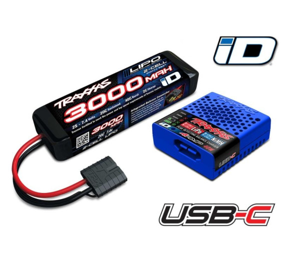 USB-C 4A PUNJAČ + LIPO 3000MAH 2S 7.4V SET TRAXXAS S ID PREPOZNAVANJEM BATERIJE**