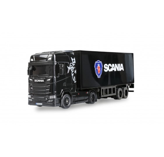 Mini Scania 730 S s priklopnikom, proporcionalni 4x4, 1:64 RTR, črne barve/AMW-22785